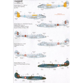 Decals Gloster Meteor F.4 with Overseas Operators (4) Fuerza Aerea Argentina I-005 with yellow trim 1961- Belgian AF EF5 GE-H 49