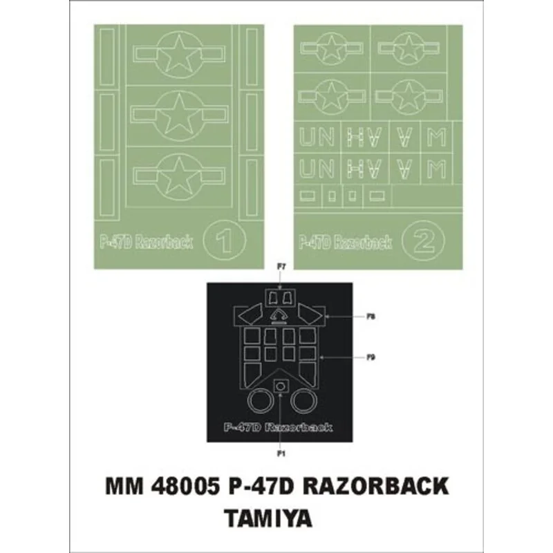 Republic P-47D Thunderbolt Razorback 1 canopy masks (exterior) + 2 insignia masks (designed to Be Farming with Tamiya kits)