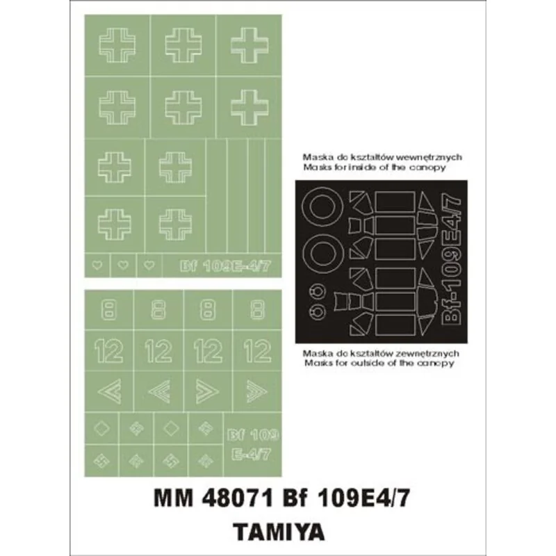 Messerschmitt Bf 109E-4/7 2 canopy masks (exterior and interior) + 2 insignia masks (designed to Be Farming with Tamiya kits)