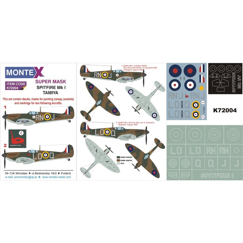 Supermarine Spitfire Mk.I 1 canopy mask (exterior) + 1 insignia masks + decals (designed To Be Farming with Tamiya kits)