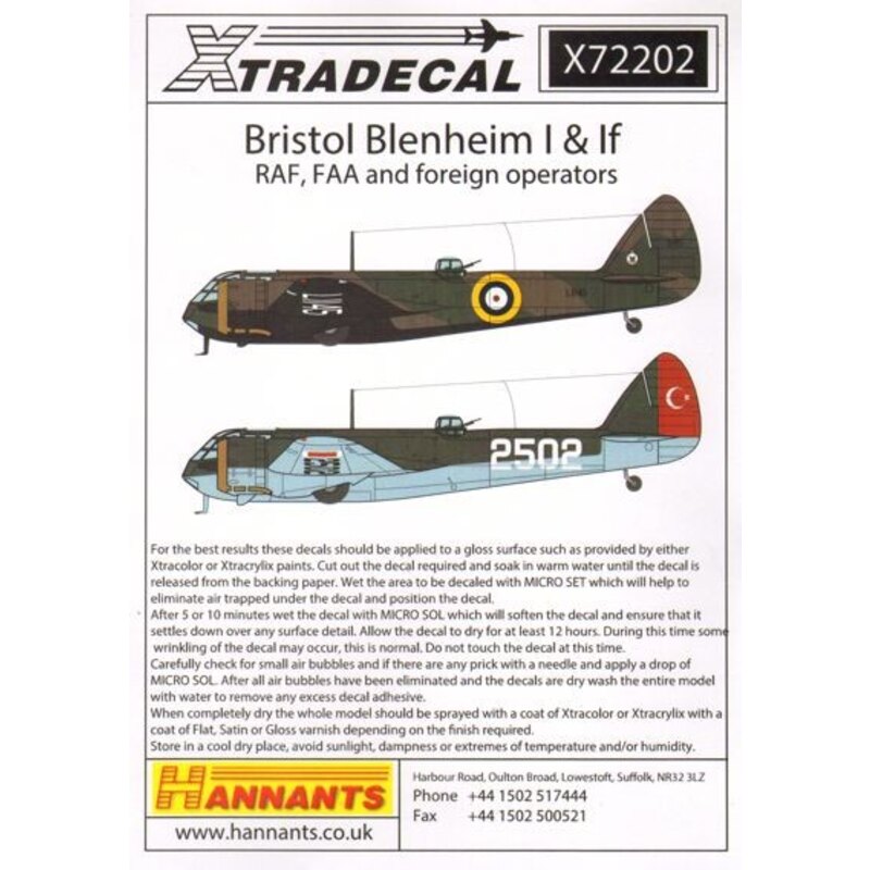 Decals Bristol Blenheim Mk.I & Mk.If (Pt 1) (11) 57 Sqn RAF L1145 Upper Heyford 1938 - K7037-90 Sqn RAF Bicester B 90 1938 - K71