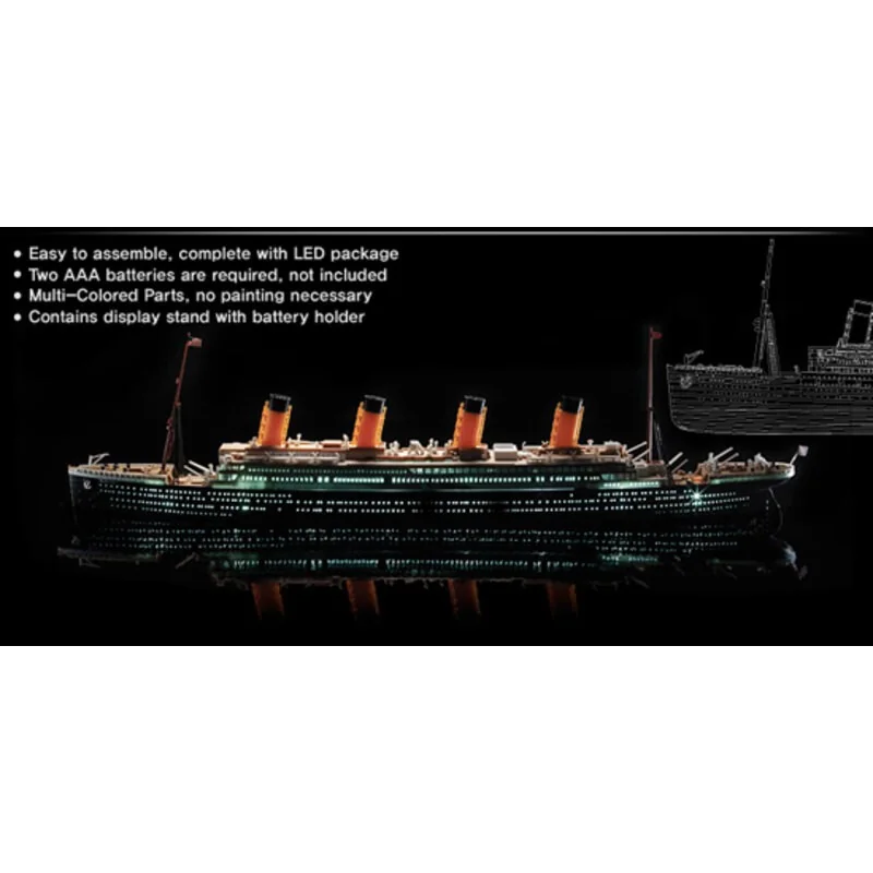 R.M.S. Titanic + LED setUpper deck and cabin lighting effectMCP (Multi Coloured Parts)LED unit.Display stand with battery holder