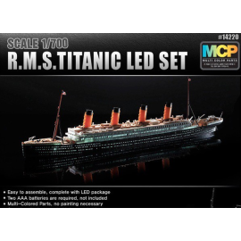 R.M.S. Titanic + LED setUpper deck and cabin lighting effectMCP (Multi Coloured Parts)LED unit.Display stand with battery holder