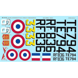 Decals De Havilland Mosquito FB Mk VI in French Service : RF836 code 6 - GC I/6 'Corse' Rabat (Morocco) 1947-48, TE794 code 33 -
