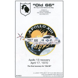 Decals Sikorsky SH-3D Old 66 Apollo 13 Recovery. For any Hasegawa and Revell kits. Marking sheet for the most famous USN SH-3D S