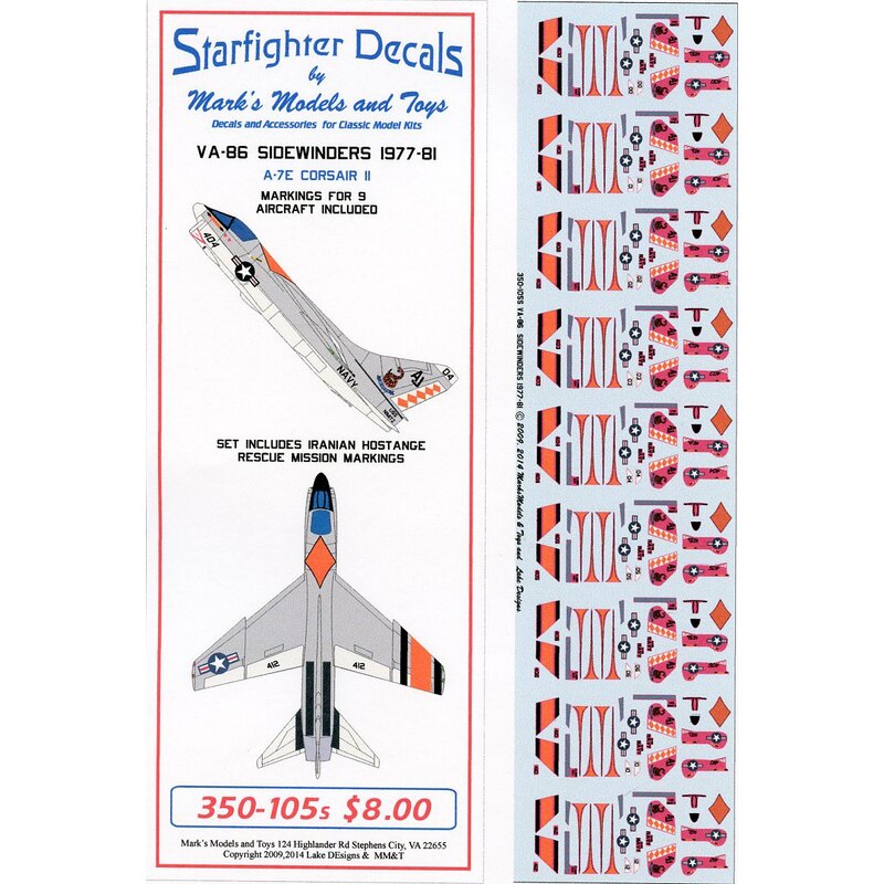 Vought A-7E Corsair VA-86 Sidewinders. Set contains markings for 9 aircraft from VA-86 from CVW-8 from 1977-81. Set contains spe