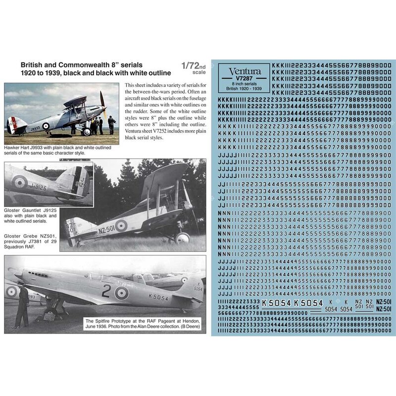 RAF and Commonwealth 1919-1939 serials. 8 black and black with white outline. Between-the-wars period 1/72nd scale serials, blac