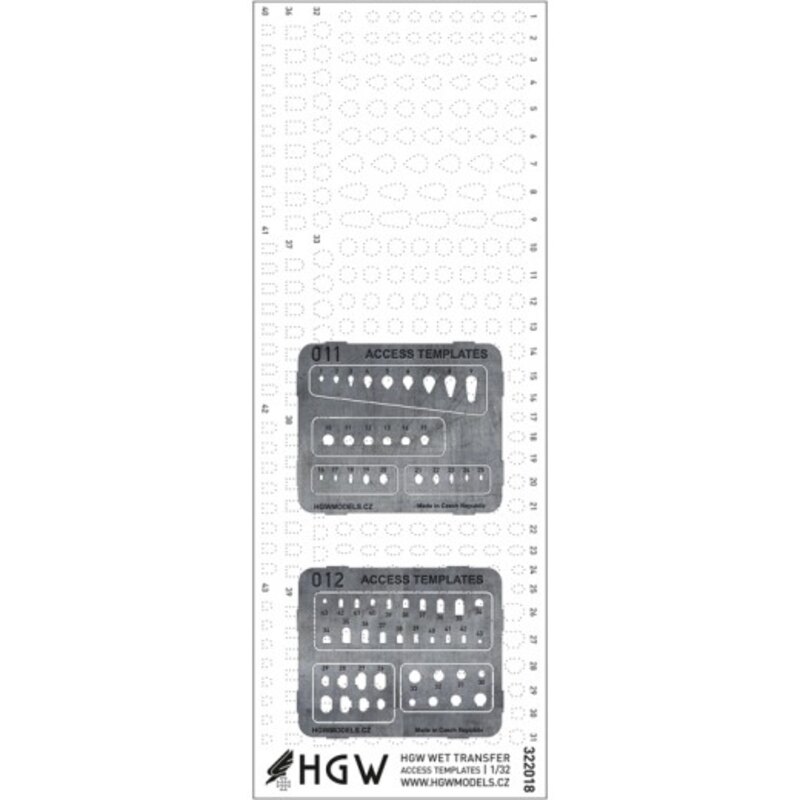 Access Templates Plus - Positive Rivets Set consists of positive rivets in 1/32 scale and photo-etched templates made from nicke